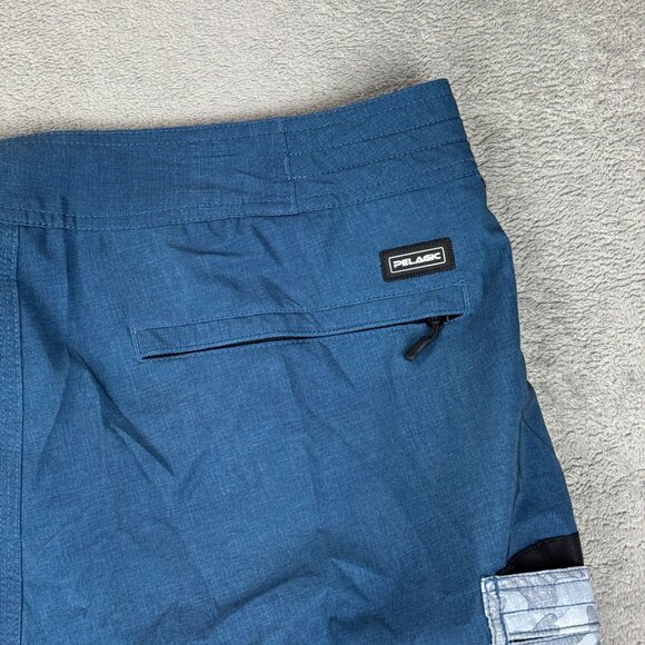 Pelagic High Performance Board Shorts Cargo Pocket Blue Camo Stretch Swim Trunks - Picture 10 of 11